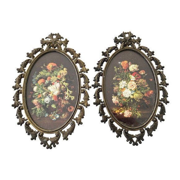 Vintage Italian Floral Art Set 2 Ornate Brass Picture Frames Italy Baroque Style - Picture 1 of 7